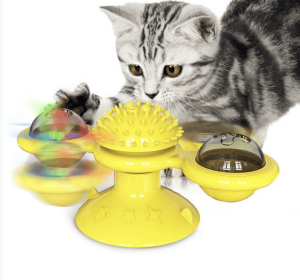 Cat Entertainment Set- Interactive Rotating Disk, Feather Teasers, Tumbler, Windmill Toy - Keeps Cats Active & Engaged (Color: Yellow)